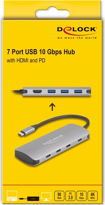 DeLOCK 7 Port USB Hub mit HDMI und USB PD, USB-C 3.1 [Stecker]