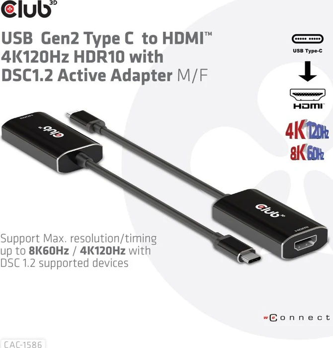 Club 3D USB Gen2 Type C to HDMI 4K120Hz HDR10 with DSC 1.2 Active Adapter M/F