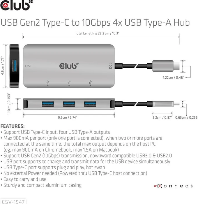 Club 3D USB-Hub, 4x USB-A 3.1, USB-C 3.1 [Stecker]