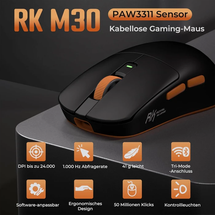 RK Royal Kludge M30 Wireless Gaming Mouse, orange/schwarz, USB/Bluetooth