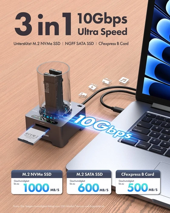 Graugear G-M2DK-CR-10G, M.2 NVMe Dockingstation mit CFexpress Kartenleser, USB-C 3.1