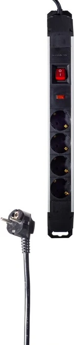 Helos PROFESSIONAL Aluminium Steckdosenleiste mit Schalter und Überspannungsschutz, 4-fach, 1.5m, schwarz/silber