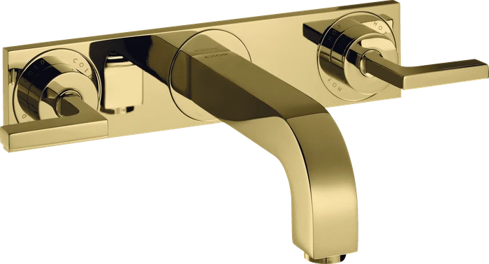Hansgrohe Axor Citterio 3-Loch Waschtischarmatur für Wandmontage mit Hebelgriffen und Platte polished brass