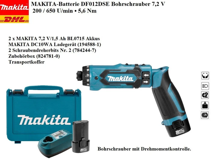 Makita DF012DSE Akku-Stabschrauber/Knickschrauber inkl. Koffer + 2 Akkus 1.5Ah