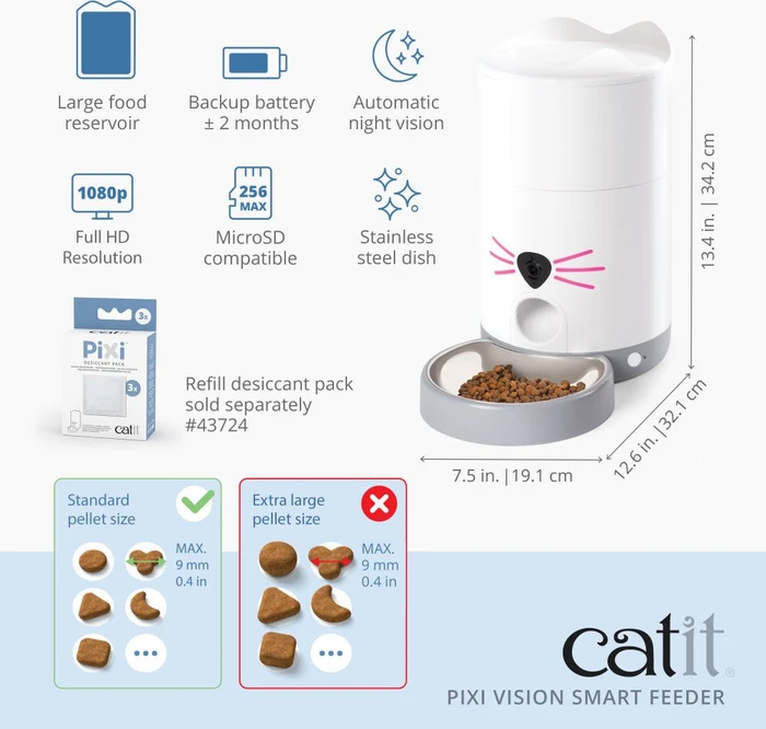 Catit PIXI Vision Smart-Futterautomat für Trockenfutter mit Kamera, WLAN, Kamera, 2.9l, weiß