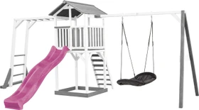 Axi Spielturm Beach Tower mit Klettergerüst, Rutsche und Roxy Nestschaukel weiß/grau/violett