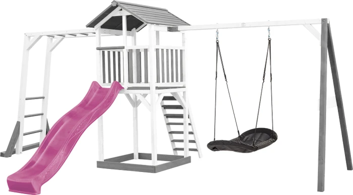 Axi Spielturm Beach Tower mit Klettergerüst, Rutsche und Roxy Nestschaukel weiß/grau/violett
