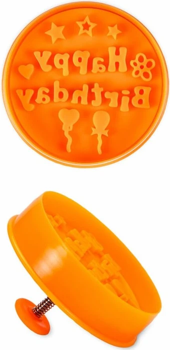 Städter Präge-Ausstecher mit Auswerfer Happy Birthday 6.5cm orange