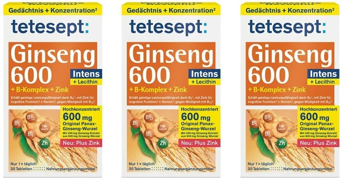 Tetesept Ginseng 600 + B-Komplex + Zink Filmtabletten, 90 Stück (3x 30 Stück)