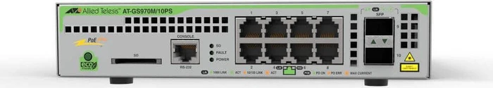 Allied Telesis CentreCOM GS970M Desktop Gigabit Managed Switch, 8x RJ-45, 2x SFP, 124W PoE+