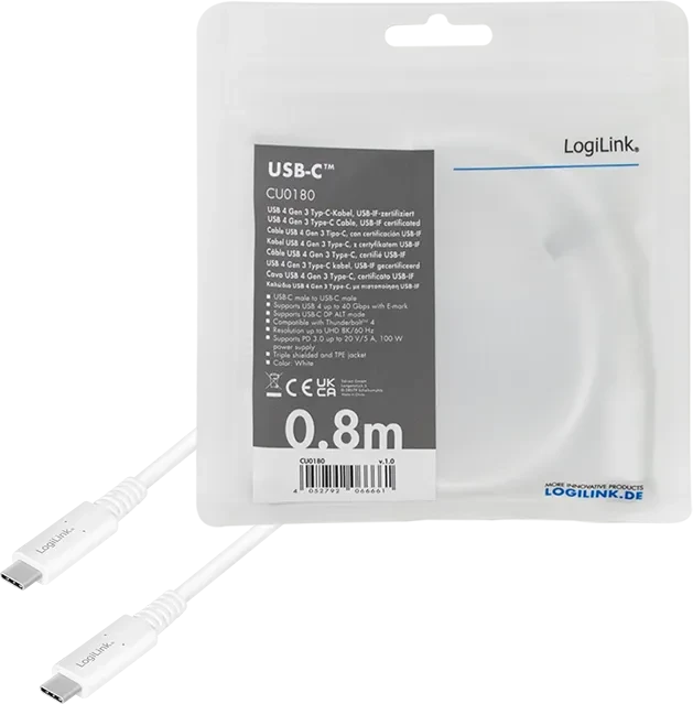LogiLink USB4 Gen3x2 Kabel, 40Gb/s, 8K60Hz, 100W PD, USB-C Stecker auf USB-C Stecker, 0.8m
