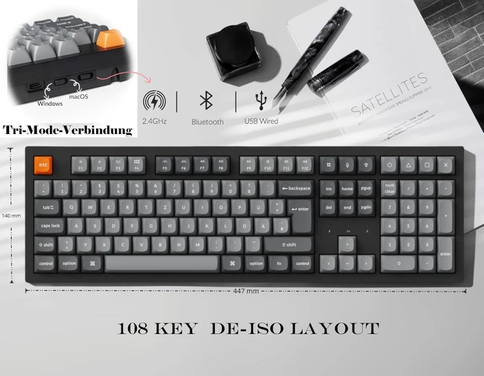 Keychron K10 Max, schwarz/grau, LEDs RGB, Keychron Super RED, USB/Bluetooth, DE