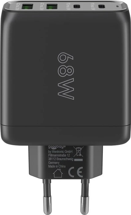 goobay 4-Port GaN Netzteil, USB-C/USB-A, 2x USB-C + 2x USB-A, 68W, schwarz