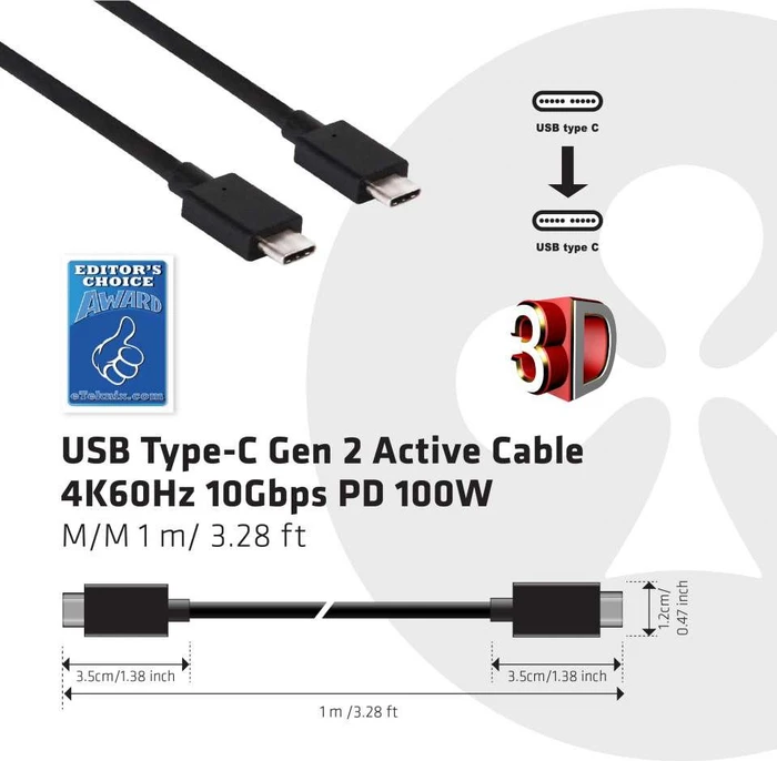 Club 3D USB-C 3.1 Kabel, 10Gb/s, 4K60Hz, 100W PD, USB-C 3.1 Stecker auf USB-C 3.1 Stecker, 0.8m