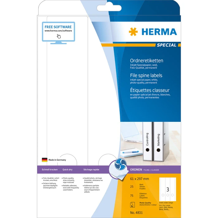 Herma Ordneretiketten Inkjet, 61x297mm, weiß, 25 Blatt (75 Etiketten)