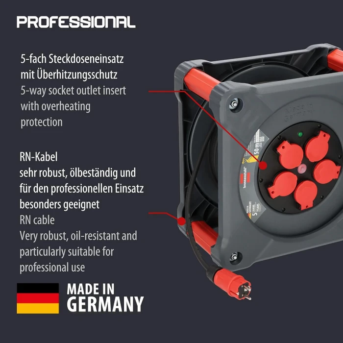 Brennenstuhl professionalLINE Kabeltrommel KA 5100 5, Schuko auf 5x Schuko, 50m, IP44, H07RN-F 3G1,5