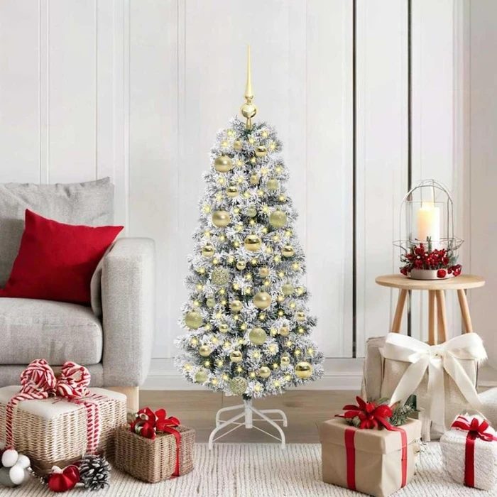 vidaXL Künstlicher Weihnachtsbaum schlank mit Schnee, 120cm, inkl. LED-Beleuchtung