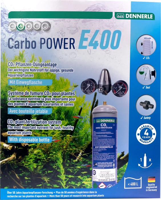Dennerle Carbo POWER E400 Komplett-Set, Präzisions-Druckminderer für Einweg CO2 Druckflaschen, mit 2x Manometer