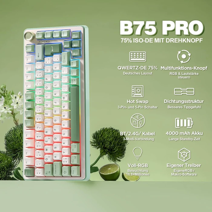 Yunzii B75 Pro, Matcha Green, beige, Milk Switch, USB/Bluetooth, DE