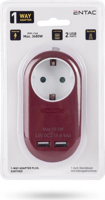 Entac Steckdosenadapter mit 2x USB-A, 1-fach, Burgundy