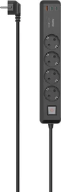 Hama Steckdosenleiste mit Schalter, 4-fach, 1x USB-A/2x USB-C 65W USB-PD, 1.4m, schwarz/grau