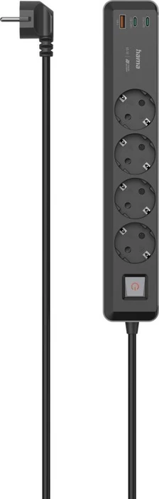 Hama Steckdosenleiste mit Schalter, 4-fach, 1x USB-A/2x USB-C 65W USB-PD, 1.4m, schwarz/grau