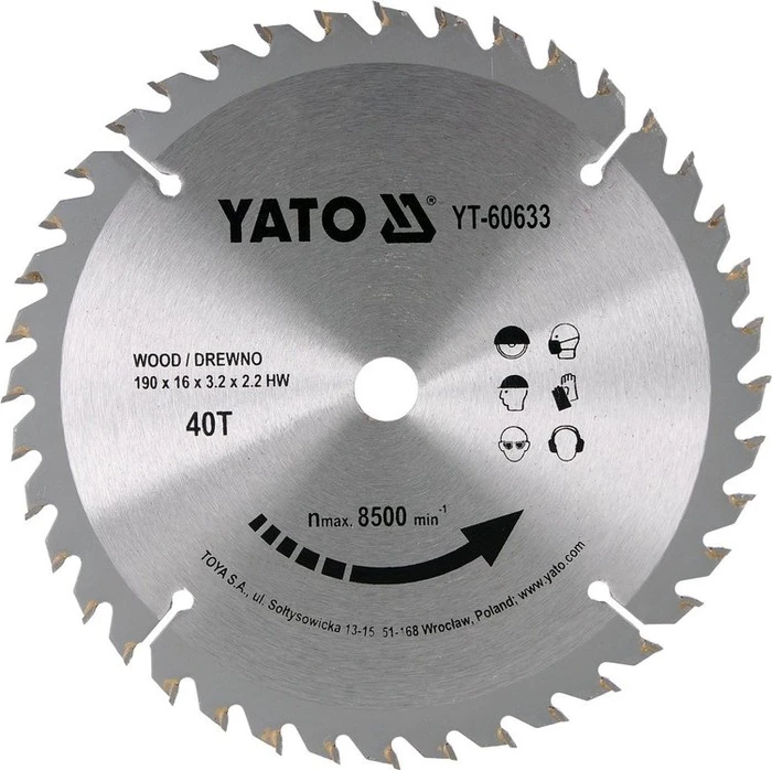 Yato YT-60633 HM Kreissägeblatt 40Z, 190x2.2x16mm, 1 Stück