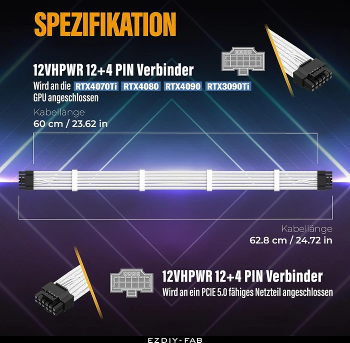 EZDIY-FAB 12VHPWR Kabel, 16-Pin PCIe 5.0 12VHPWR Stecker auf 16-Pin PCIe 5.0 12VHPWR Stecker, 16AWG, weiß/schwarz, 60cm