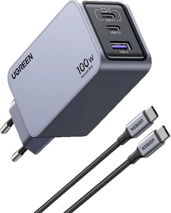 Ugreen Nexode Pro 100W USB-C Ladegerät 3-Ports Mini GaN Schnellladegerat schwarz/grau