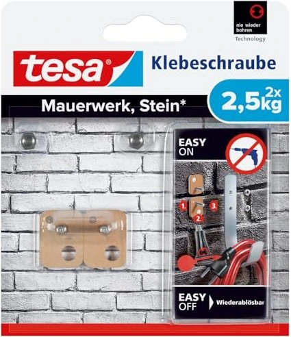 tesa Klebeschraube rechteckig für Mauerwerk und Stein braun, 2 Stück