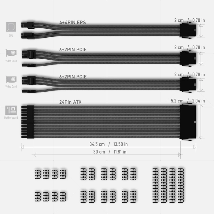 EZDIY-FAB Cable Extension Kit, 1x 24-Pin, 1x 4/8-Pin ATX, 2x 8-Pin PCIe, 18AWG, schwarz, V2