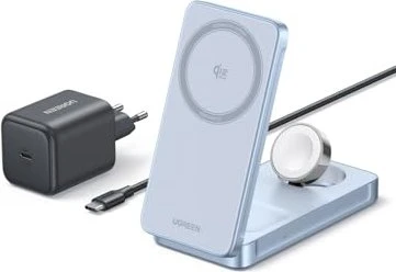 Ugreen MagFlow 3-in-1 Magnetic Wireless Charger (Qi2 25W, MagSafe-Compatible) blau/silber