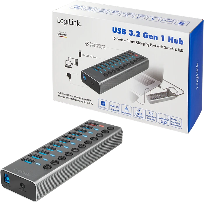 LogiLink USB-Hub mit Ladeanschluss, 10x USB-A 3.0, USB-B 3.0 [Buchse]