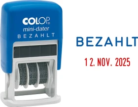 COLOP Mini-Dater S160/L2 Datumstempel mit Textplatte BEZAHLT, 25x12mm, Monat in Buchstaben, blau