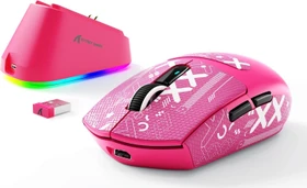 Attack Shark G3Pro Tri-mode Wireless Gaming Mouse mit Ladestation, Berry Red, inkl. Grip Tape, USB/Bluetooth