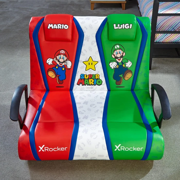 X Rocker Nintendo Super Mario Dual 2.1 Floor Rocker Doppel-Gamingstuhl, rot/weiß/grün