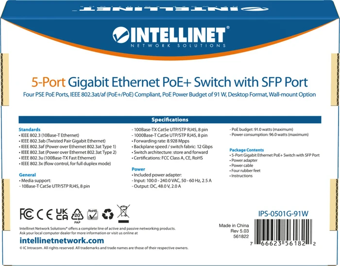 Intellinet Desktop Gigabit Switch, 5x RJ-45, 1x SFP, 91W PoE+