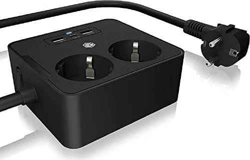 RaidSonic Icy Box IB-MPS2220B-CH Doppelsteckdose mit USB-Ladegerät, 2-fach, 1.9m, schwarz