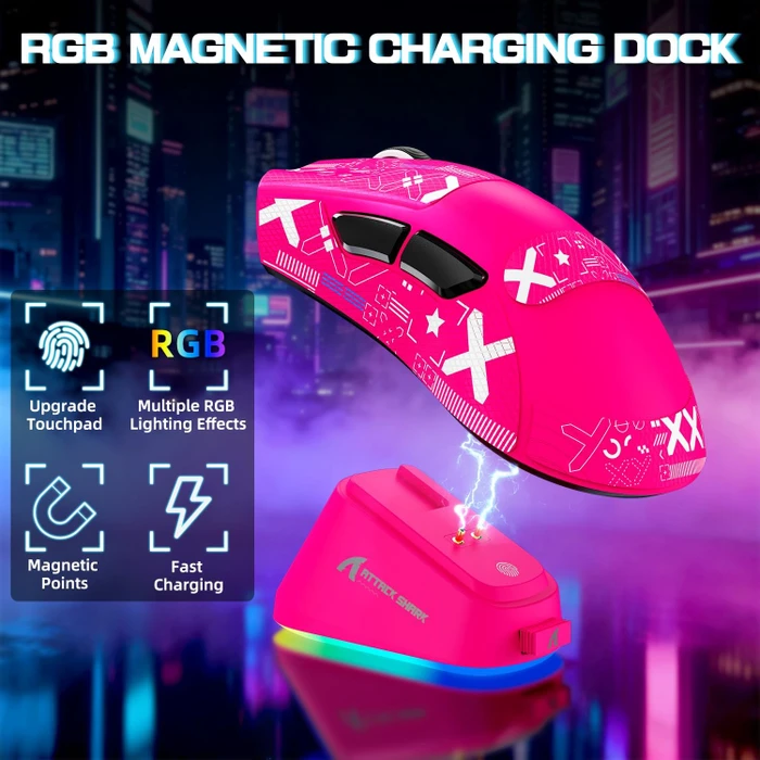 Attack Shark V3 PRO Tri-mode Wireless Gaming Mouse mit Ladestation, BerryRed, inkl. Grip Tape, USB/Bluetooth