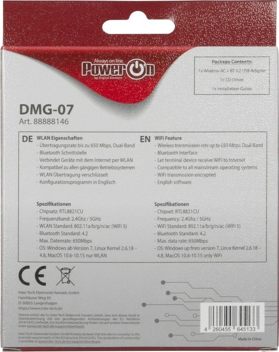 Inter-Tech PowerOn DMG-07, 2.4GHz/5GHz WLAN, Bluetooth 4.2, USB-A 2.0