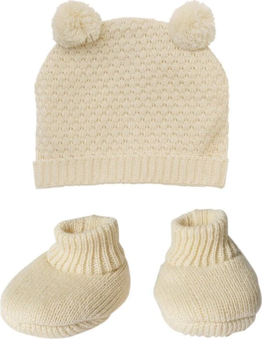 Heless Puppen-Strickset mit Bommelmütze und Strickschuhen aus 100% Bio-Baumwolle ecru 28-35cm
