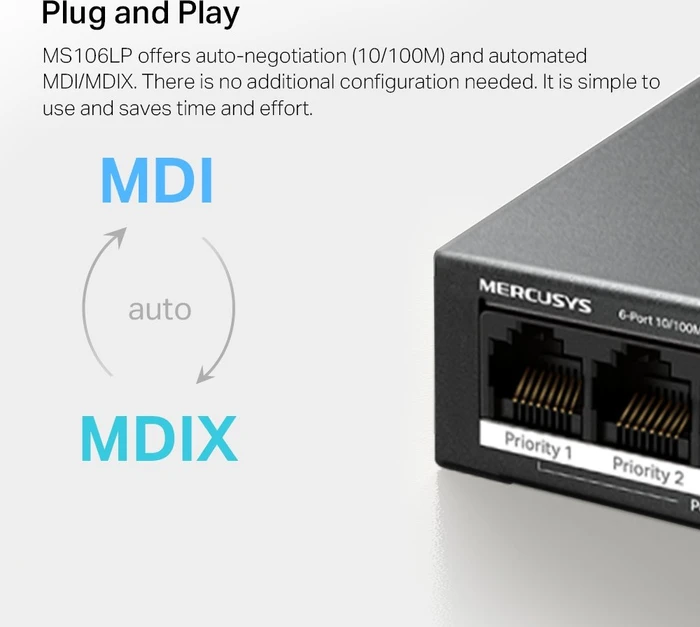 Mercusys Desktop Switch, 6x RJ-45, 40W PoE+