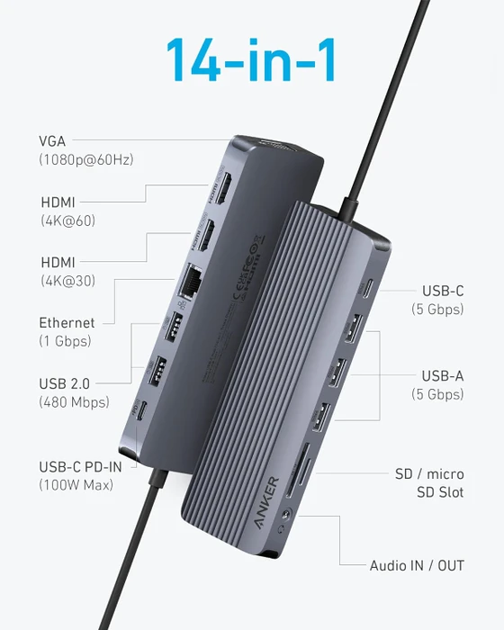 Anker Triple Display USB-C Hub 14-in-1, USB-C 3.0 [Stecker]