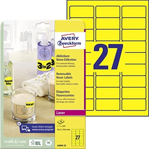 Avery-Zweckform Neonetiketten, 63.5x29.6mm, gelb, 25 Blatt (675 Etiketten)