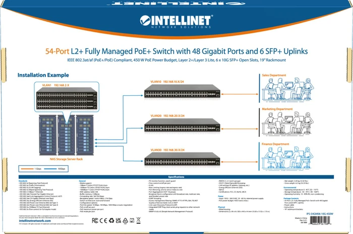 Intellinet Rackmount Gigabit Managed Switch, 48x RJ-45, 6x SFP+, 450W PoE+
