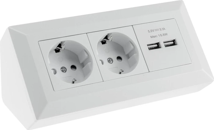 ChiliTec 2-fach Steckdosenblock + 2x USB, weiß ma 250V~/ 16A, Aufbaumontage, USB 3,1A (23651)