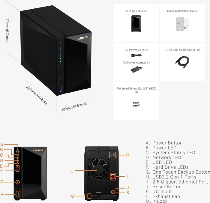Asustor Drivestor 2 Pro Gen2 AS3302T 8TB, 2GB RAM, 1x RJ-45 2.5GBase-T, 3x USB-A 3.0