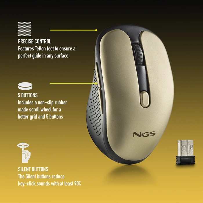 NGS Evo Rust Gold Wireless Rechargeable Silent Mouse gold/schwarz, USB