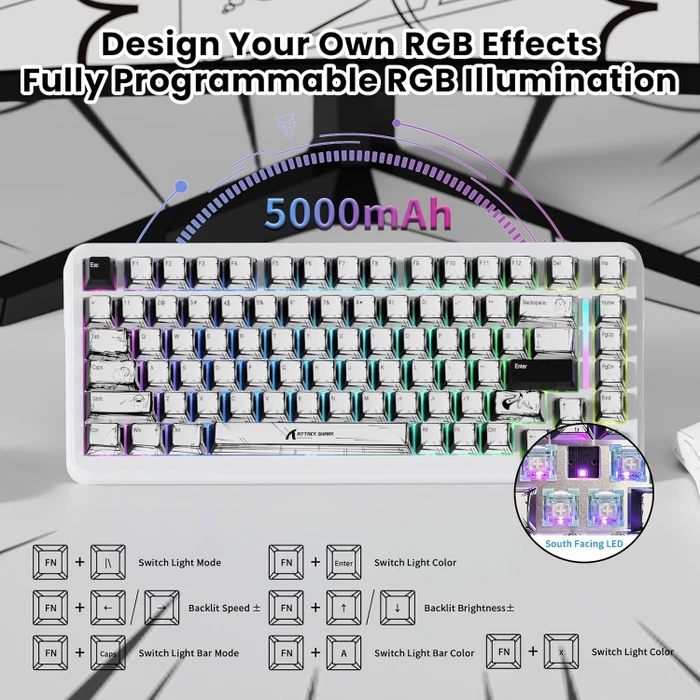 Attack Shark X82PRO HE Magnetic 75% inkl. Spiralkabel, Comic, LEDs RGB, Outemu White Jade Magnetic, USB/Bluetooth, US