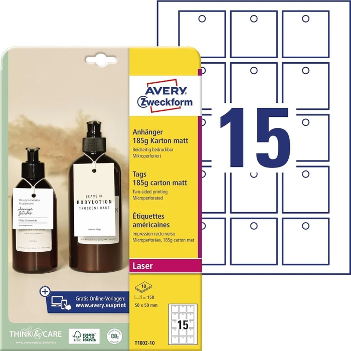 Avery-Zweckform Aushängeschilder mit Öse und Fäden weiß, 50x50mm, 185g, 150 Stück